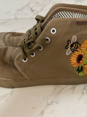 BANGS Brown High-Top Canvas Sneakers with Sunflower & Bee Embroidery